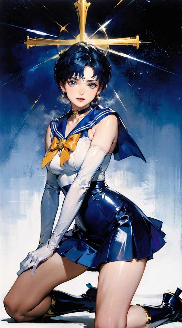 highest quality,masterpiece,Ultra-high resolution, Very detailed, 8k,(Beautiful woman),one person,40 years old, (Sailor Mercury), (Facial details, Bright Blue Eyes, Beautiful Face, Beautiful Eyes, Shining Eyes, Thin lips, Thin, sharp, pale eyebrows, Long, black eyelashes, Long and thick lower eyelashes, double eyelid), Fluffy blue hair, ((Blue sailor collar, Very tight and shiny uniform)), ((Long white latex gloves,Beautiful female hand in white latex gloves)),Shiny blue latex knee-high boots, Stiletto heels,Blue choker、Blue gloves on elbows, ((Shiny blue skirt)), Blue Collar, golden tiara,Earrings)),Luxury gold jewelry, skinny, Large Breasts, Perfect Proportions, Narrow waist, Visible pores, Beautiful shiny dark blue hair, Perfect hands, High gloss holographic leather for a snug fit,Octane Rendering, Crucifixion,cross,execution,incontinence,Scared,torture,slave,Woman in crucifixion at the cross,Crucifixion刑 1 supercute kitty wear a origami gundam armor,fur Sailor Mercury, Sailor Mars, Sailor Jupiter, and Sailor Venus, each of whom possesses unique powers and abilities. Together, they fight evil forces, protect the world from various threats, and search for the Moon Princess. (extremely detailed CG unity 8k wallpaper), (masterpiece), (best quality), (ultra-detailed), (best illustration), (best shadow), (absurdres),
BREAK
girl, sweat, steam, medium breast, nsfw, shy, looking at viewer, ((Masterpiece, Highest quality)), Detailed face, CharacterDesignSheet,full bodyesbian, perfectly proportions,Full of details, Multiple poses and expressions, Highly detailed, Martial arts girl,Seductive,Gradient hair color,Detailed eyes, ssee-through,black in color,lacepantyhose,Clouds,High Balance, Overhead halo,Natural light,Star decoration