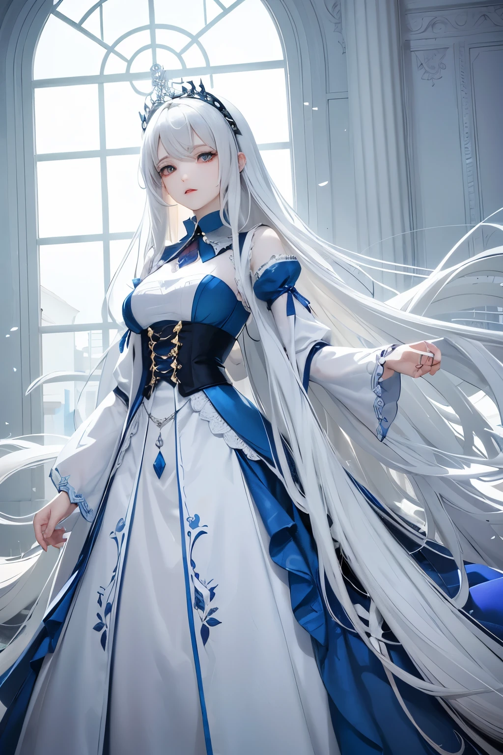 eyeliner, (long icy blue hair), curvy, wearing garb_g1, elaborate brocade A Line corset gown and robe, crystals, charms, rhinestone crosses, embroidery, bib, full neckline, full length skirt, frills, headdress with dangling beads, <lora:garb_g1-06a:0.85>, church, praying,