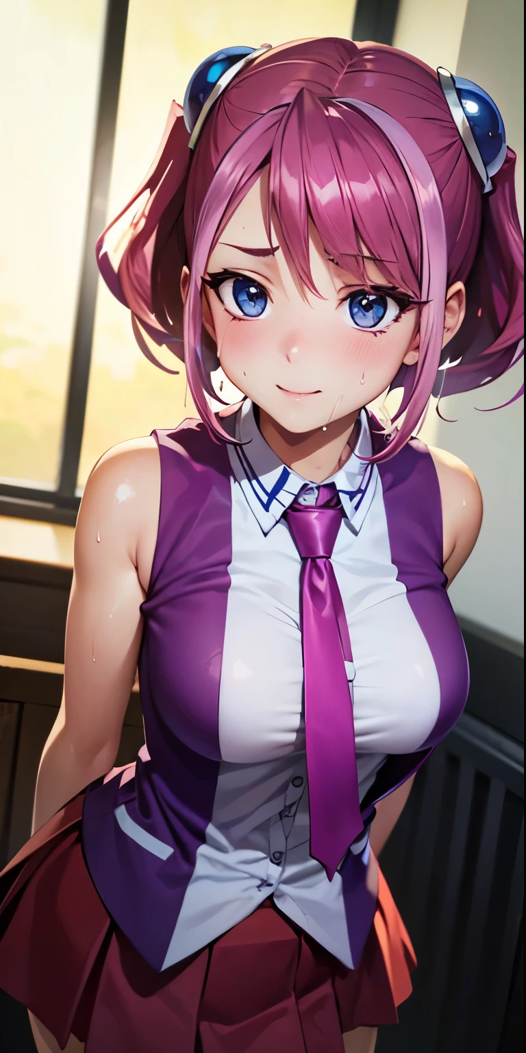 1 Female,High definition,high resolution,Ultra-realistic,8K, hy1, hair ornament, multicolored hair, necktie, skirt, sleeveless, , pink skirt, tight skirt,miniskirt, jewelry,European,sexy,Upper body close-up,Photographed from the front,Dynamic Angles,blush, medium , happy, wink the eye,facial, sweat,multicolored hair