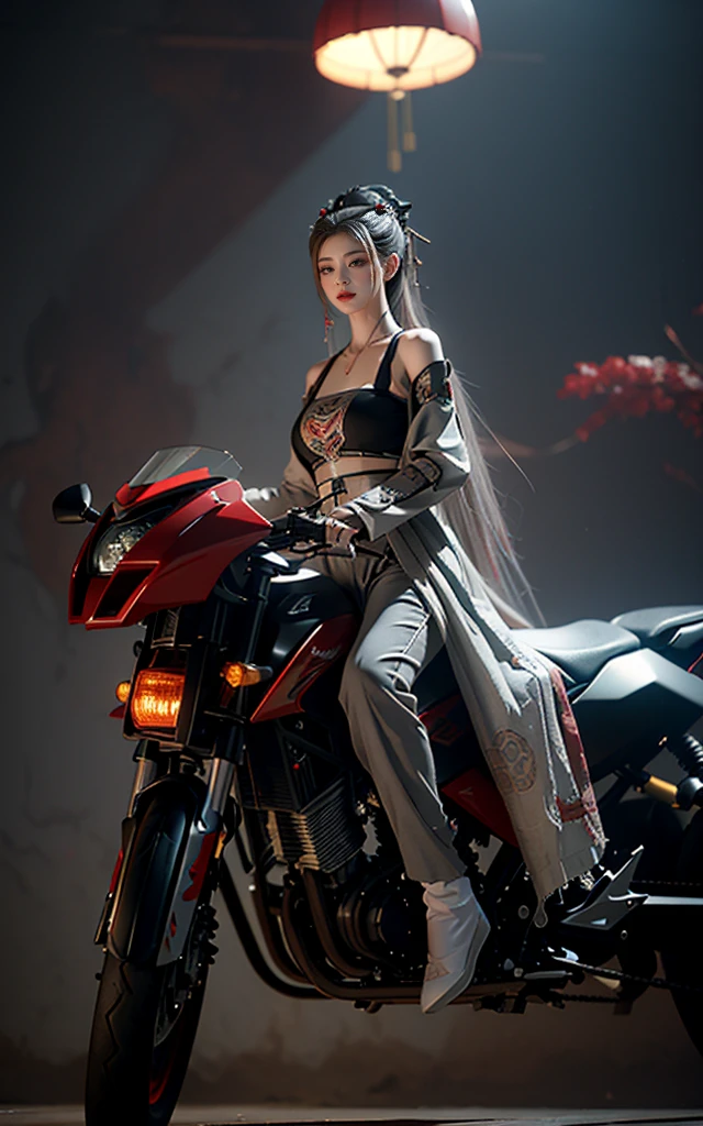 Alien technology fashion , fashion photography , Inspired by Cyberpunk。(best quality,4K,8K,high resolution,masterpiece:1.2), (Practical,Reality,Photo-real:1.37).masterpiece,Game Art,Best picture quality,最high resolution,8K,Unreal Engine 5 rendering works,(Digital Photography), 20 year old girl,Short hair details,Long bangs,(The red eye makeup is carefully applied),(With long gray hair:1.4),(Large target, Full breasts),Elegance and nobility,Brave and charming,（Riding a big sci-fi cool motorcycle) (The future armor combines the characteristics of Chinese armor,hollow-carved design,Power Armor,Mysterious oriental runes,Exquisite clothing patterns,Magic Flash),Future Warrior,Cyberpunk Characters,War Background, light，Ray Tracing，Game CG，((3D Unreal Engine))，OC rendering reflection mode
