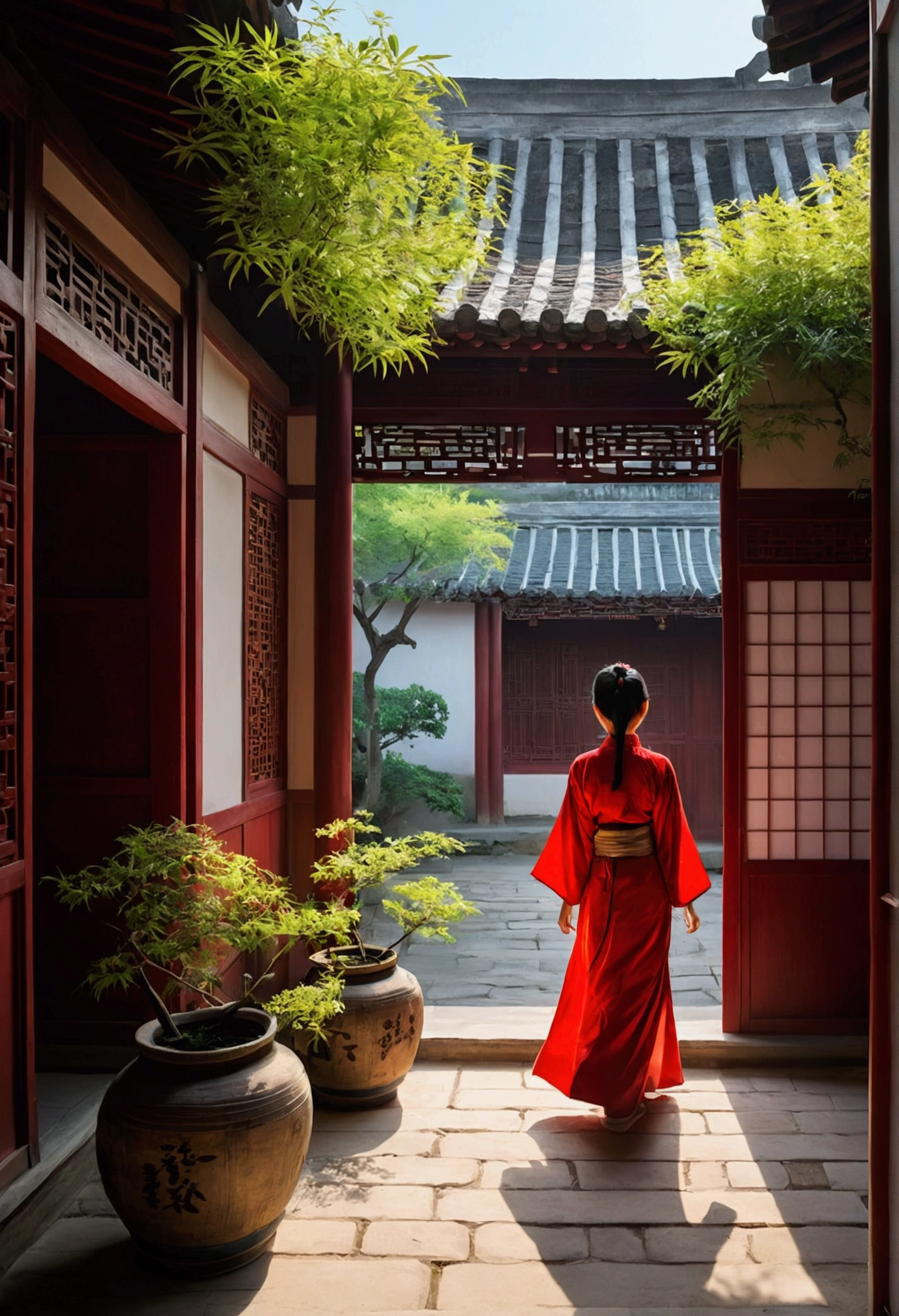 In the courtyard of an ancient Chinese house，There are green plants and flowers on both sides，There are flower pots in front，A woman in red Hanfu stands under the eaves，Carrying a bucket of shallow well water，Sunlight falls from the sky，Through the white walls of the building，Create soft shadows and highlights，This scene was created in the style of Hayao Miyazaki&#39;s oil paintings，It has exquisite lines and colors，Presenting the beauty of classics