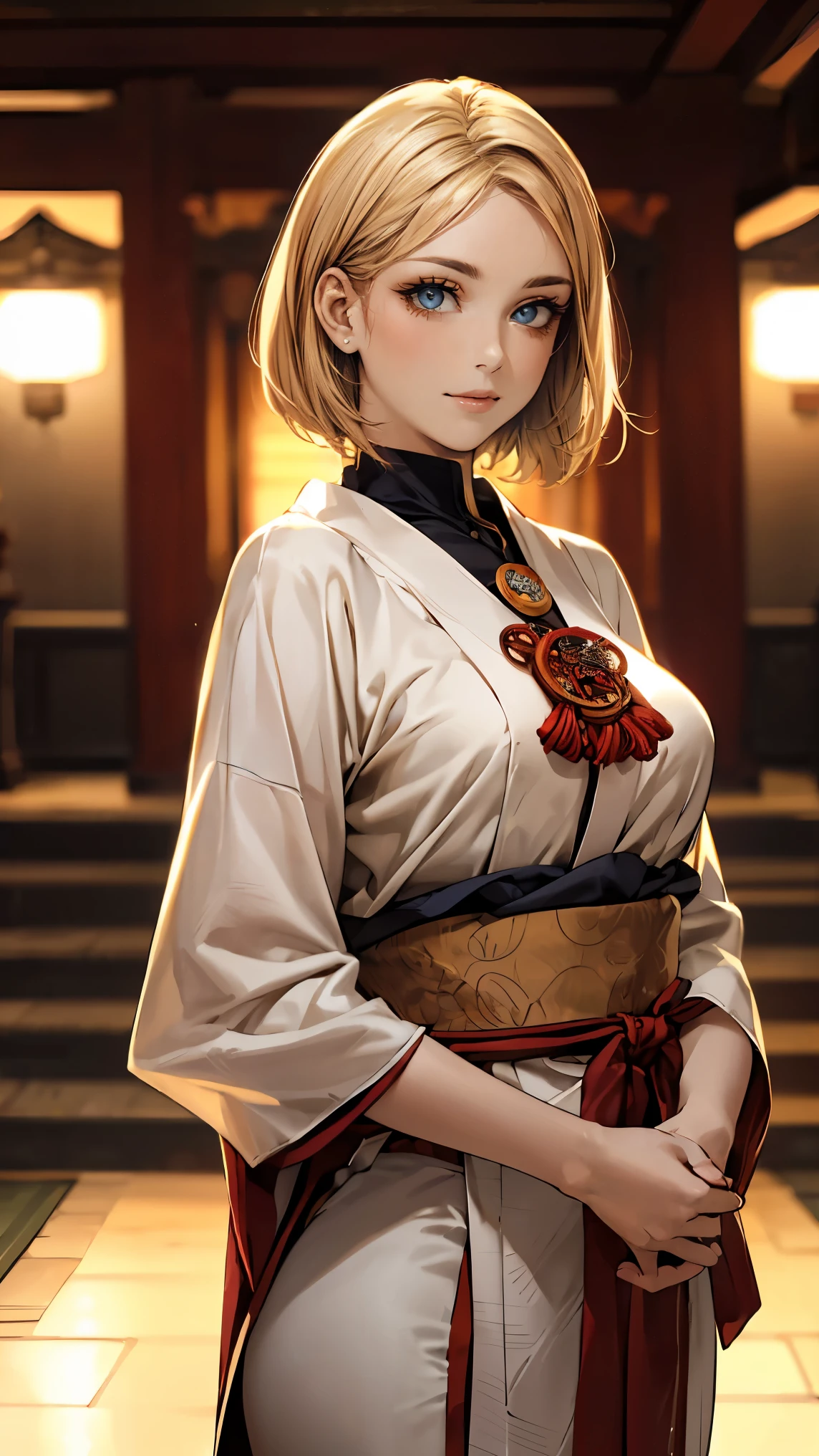 (masterpiece:1.2, Highest quality), (Realistic, photoRealistic:1.4), Beautiful illustrations, (Natural Side Lighting, Cinema Lighting), Looking at the audience, Upper Body, (Front view), 1 girl, Perfect Face, Symmetrical cute face, Glowing Skin, Baby Face, Long eyelashes, (Large Breasts), (Wide Hips),Beautiful Hair, Beautiful Face, Fine and beautiful eyes, Beautiful body, Beautiful breasts, Beautiful thighs, Beautiful legs, Beautiful fingers,(Beautiful views),(Cute Smile:1.2, Upper Eye),beautiful girl,Perfect body line,(short hair:1.2),(Shaved head),(Blonde:1.5),(Brown Skin:0.5),(Plump:0.7),(Hime cut:1.2),A fantastic atmosphere, Calm palette, Calm mood, Soft Shading, Shrine maiden, incantation, Amulet Familiar, Shrine maidenの務め,(Clothes that fit snugly around the chest:1.2),(Side bust:1.2),