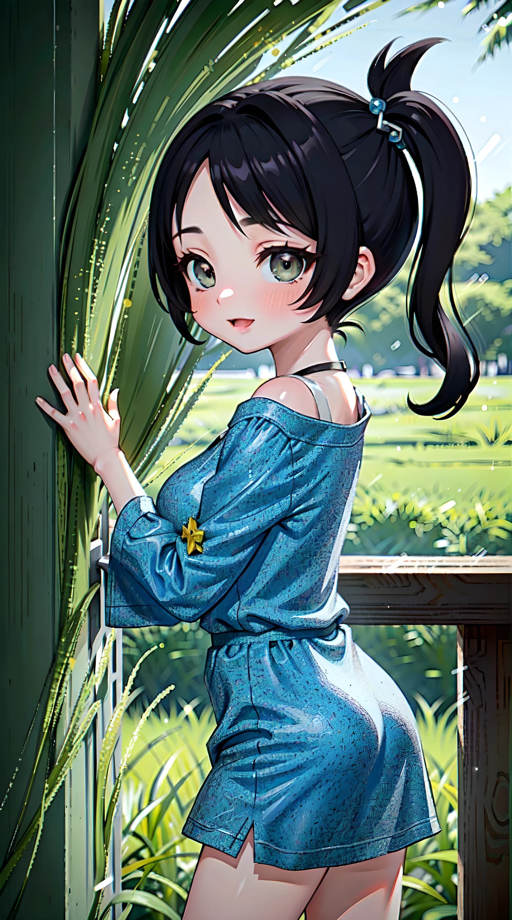 3DMM, Opll, sagging breasts, saggy , peitos enormes, peitos peitos peitos, coxas coxas coxas coxas, ((ultra-sexualized pornographic  girl)), messy bluish black tomboy hair, tomboy, olhos verdes gigantes e fofos, sorriso malicioso, Erotic mouth, erotic face, sofrendo, sentindo dor, excitada, aspecto macio, cintura fina, suada, usando roupa hipersexualizada,, (loli:1.8), micro saia hipersexualizada, in the background a forest with trees, Bottom-up view, vista de baixo, unreal engine, Sharp focus, cinemactic, good definition, NSFW, boa forma, bom foco, blur, pele aspecto oleosa, cameltoe