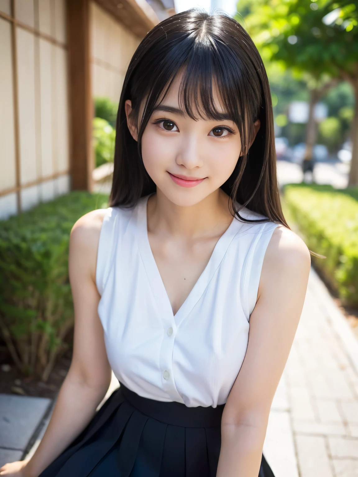 (Best-quality, Masterpiece, Ultra-High-Resolution, (Photorealistic:1.4), Raw Photo, depth of field, professional lighting, perfect anatomy, extremely details), (1girl, 15-years-old, the most famous Japanese-idol), ((looking at viewer, innocent smile)), (((extremely beautiful and extremely realistic skins))), (((extremely realistic big-black-eyes))), (((extremely cute face like the most popular Japanese idol))), (long-eyelashes), (black long-straight-hair), (wearing white sleeveless-shirt with cute-design and light-pink pleated-miniskirt with cute-design)