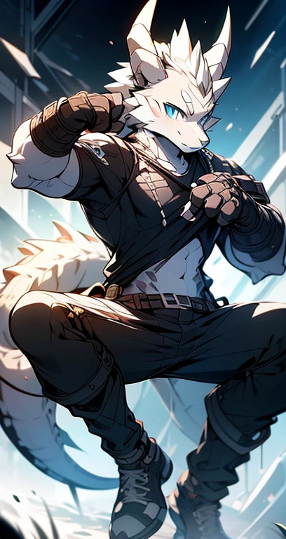 Masterpiece, Cool Pose, Furry Gray Dragon, Medium Strong Body, Blue Eyes, Grey Medium Hair, Combat Black Shirt, Combat Gloves, Combat Pants, Fierce, Good looking 