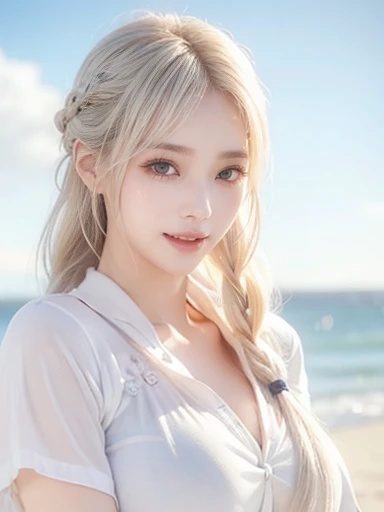 ((Highest quality))、((Very detailed))、(Detailed eyes:1.2)、(Huge breasts:1.10)、(Steamy sweat:1.4)、Platinum Blonde Hair、Braided hair、(Plain Shirt:1.2)、smile、Beach、Focus on the chest、the distance is close