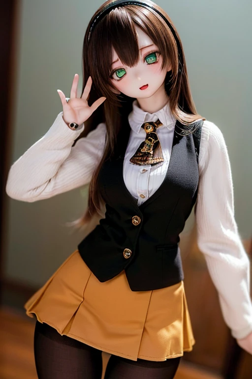 (SFW:2), photorealistic, realistic photo, 8k, ((highest quality)), ((masterpiece)), (extremely detailed), kukolnydom, doll, (mature woman, 21yo, 21 years old, solo:1.6), ((cowboy shot, standing, head tilt, waving, slim, slender, skinny, medium breasts, hairband, ascot, vest, blouse, long puff sleeves, pleated skirt, black pantyhose)), (green eyes, brown hair, long hair, plastic skin, looking at another, glass eyes, gradient eyes, shining eyes, detailed eyes:1.3)