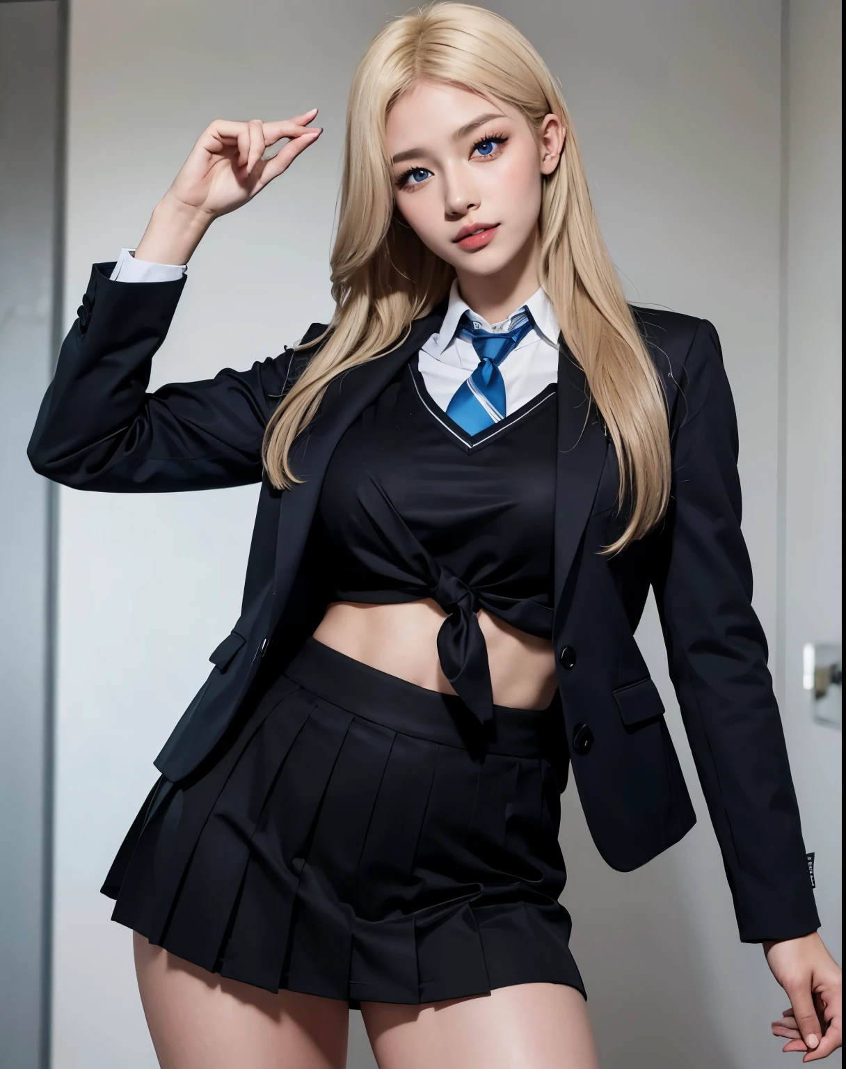 1girl, (Blue Eyes), (smiling :1.2), (beautiful makeup :1.2), (big tits :1.1), big ass, thin waist, thick thighs, toned legs, muscle, (Best Quality, 8k, Masterpiece: 1.3), Clear Focus: 1.2, Perfect Body Beauty: 1.4, strong abs, Highly detailed face and skin texture, detailed eyes, double eyelids, red lips, (blonde long straight hair :1.2), (japanese school uniform), (Blazer uniform brown), (school shirt), (pleated skirt), (tie black), standing, dynamic pose, in a japanese school, blackboard in the background