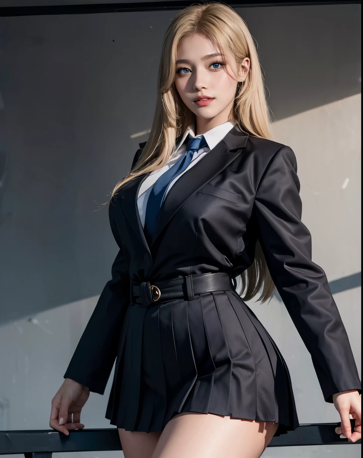 1girl, (Blue Eyes), (smiling :1.2), (beautiful makeup :1.2), (big tits :1.1), big ass, thin waist, thick thighs, toned legs, muscle, (Best Quality, 8k, Masterpiece: 1.3), Clear Focus: 1.2, Perfect Body Beauty: 1.4, strong abs, Highly detailed face and skin texture, detailed eyes, double eyelids, red lips, (blonde long straight hair :1.2), (japanese school uniform), (Blazer uniform brown), (school shirt), (pleated skirt), (tie black), standing, dynamic pose, in a japanese school, blackboard in the background