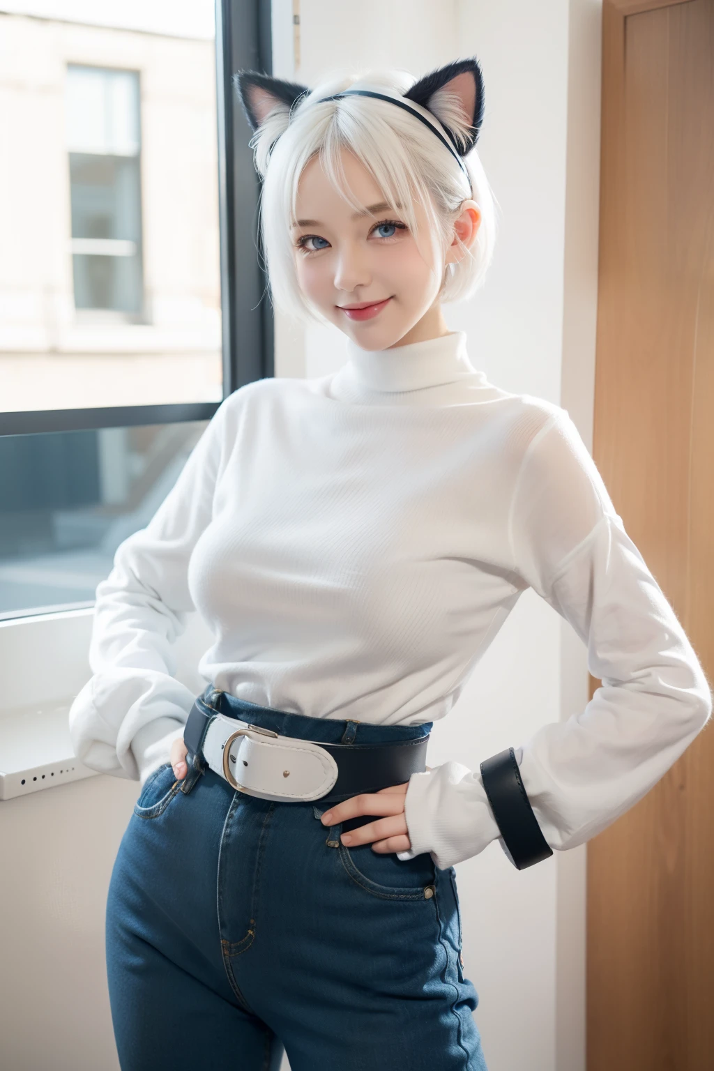 Cute girl, short white hair, cat ears, blue eyes, smile, blue collar, bell, tight blue clothes, white wool collar, blue gloves, long sleeves with white wool ends, big breasts, black belt,
