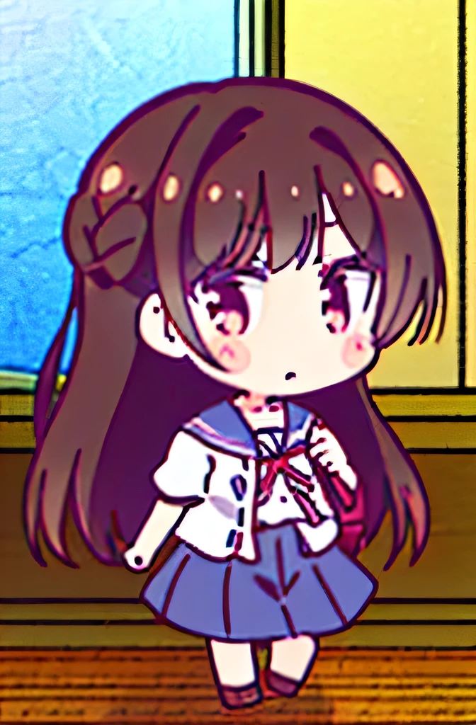 ((Chizuru Ichinose,chibi,Highest Resolution,Highest quality),Detailed face, whole body, One Woman,White blouse,Ribbon on chest,Shoulder bag,skirt,loafers