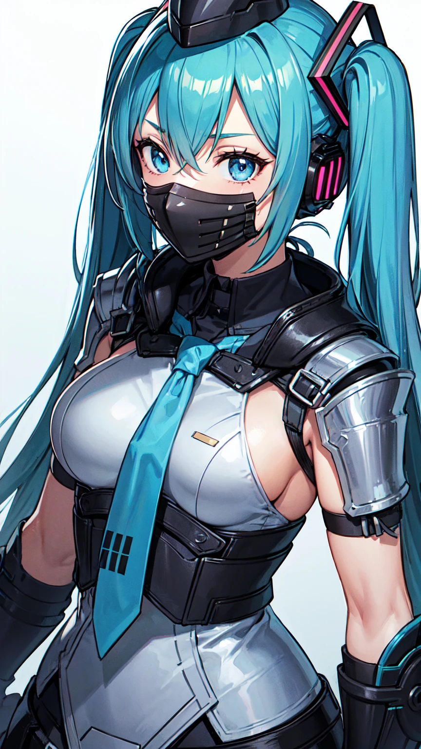 Hatsune Miku Vocaloid, Twin tails, Light blue hair, Bright Blue Eyes, ((cloth)), ((armor))((Bone Mask)) (Skin with attention to detail: 1.2) Close-up of a woman wearing a hat and mask, infinity blade concept art, infinity blade armor, Shoulder Armor, concept art of a warrior, character from mortal kombat, 8 times, Digital SLR, Soft Light, high quality, Film Texture ((Amateur Photography)), White Background