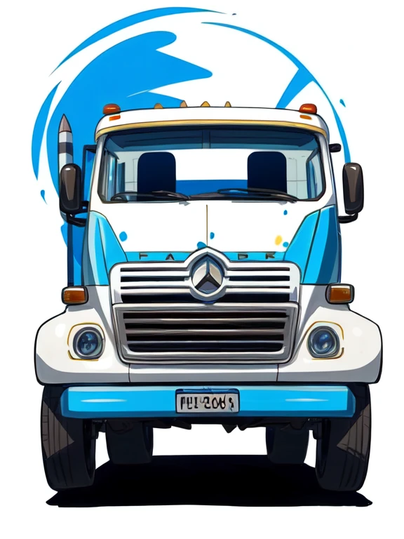 {Childlike cartoon illustration} of a HINO GH 1835 MT truck in an absolute frontal view, as if drawn by a 10-year-old . The illustration should have thick black marker outlines and be painted with tempera. Capture the essence of a child's drawing, very simplified, with irregular lines, lack of perspective, and some distortions while ensuring the truck remains recognizable. Naive style, minimalism. The background should be white, and the aspect ratio of the image should be 3:4. - **Materials**: Tempera paint - **Textures**: Thick black marker outlines, irregular lines, childlike paint strokes - **Colors**: Simple, bright colors with a white background - **Lighting**: Flat, even lighting to enhance the naive style - **Pose**: Absolute frontal view - **Composition**: Centered, with the truck being the focal point