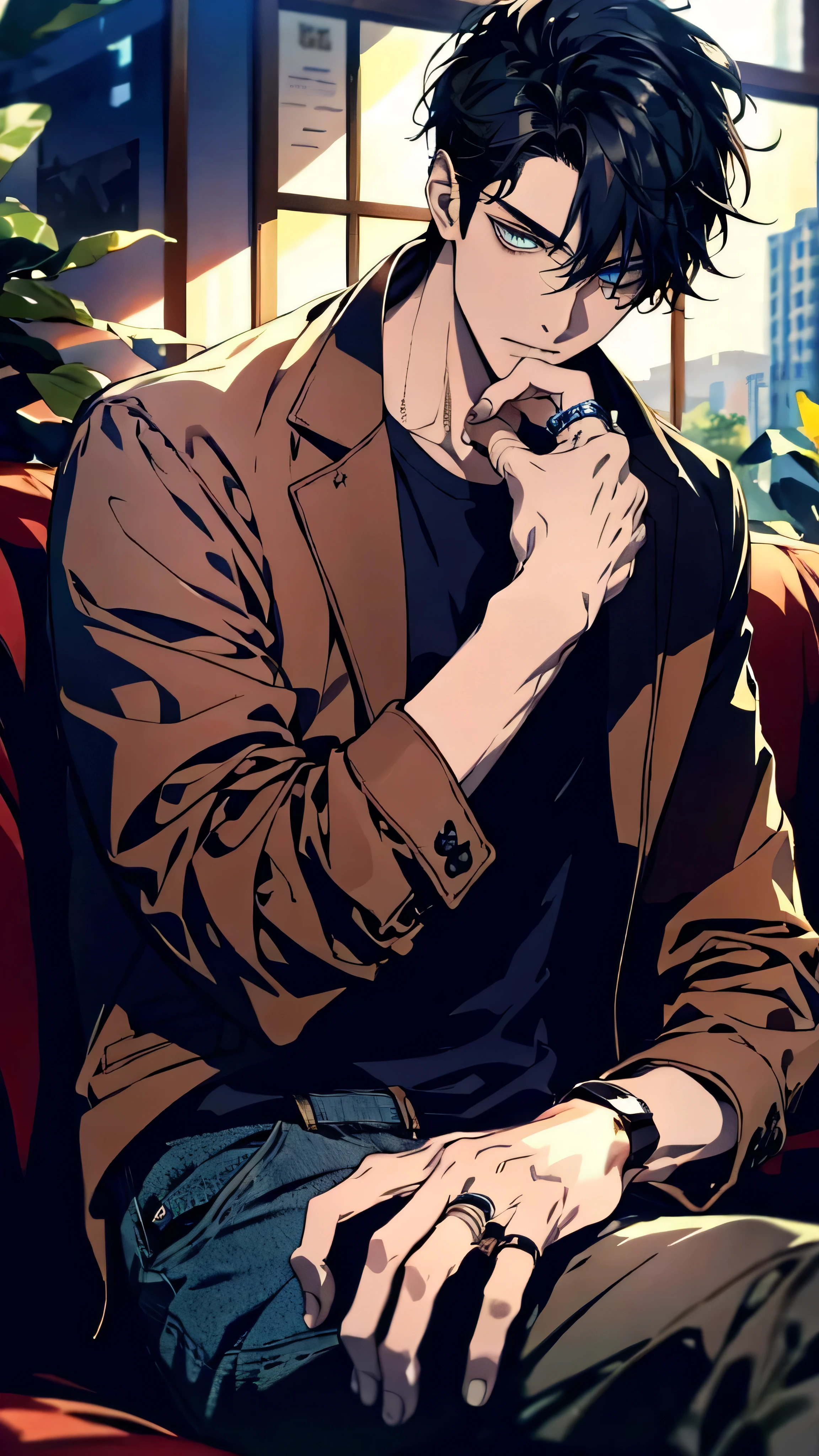 (Masterpiece:1.2, best quality), (Real picture, complicated details), alone, 1 male character, black hair,blue eyes,handsome,Face details, shirt, informal, read newspaper,drink coffee, coffee mug, Details of the hand,ring on ring finger, bad person, He is sitting on the sofa.., In a coffee shop with a comfortable atmosphere, comfortable place