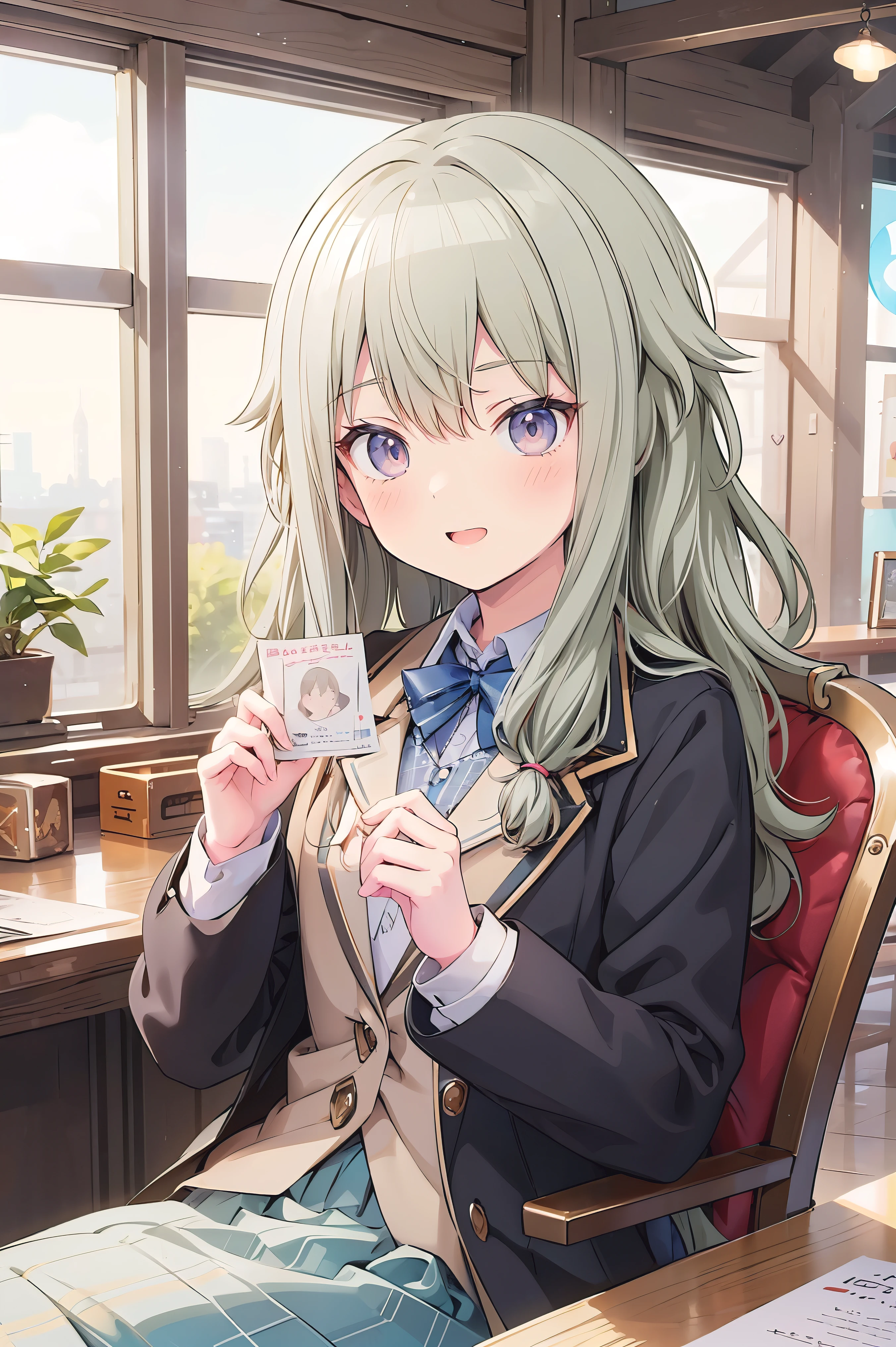 (8k, 最high quality)、Ultra-high resolution、adorable、最high quality, beautiful, (((Absurd beauty)))、masterpiece、Best image quality、(Front facing)、good feeling、smile,Face the camera、Delicate eyes、smile、Small face、female、1 person、masterpiece, Most detailed、、blazer、skirt、 high quality、♡、heart、Shiny Hair、Very fine and beautiful bright eyeedium chest、nose blush、Very detailed, clear and beautiful face, Awards, (Anatomically correct)、The whole body is visible、Focus on the face