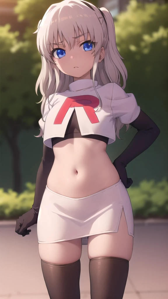 (masterpiece, best quality:1.2), solo, 1girl, Tomori Nao, looking at viewer, headband, team rocket,team rocket uniform,white skirt,red letter R,crop top,black thigh-highs,black elbow gloves