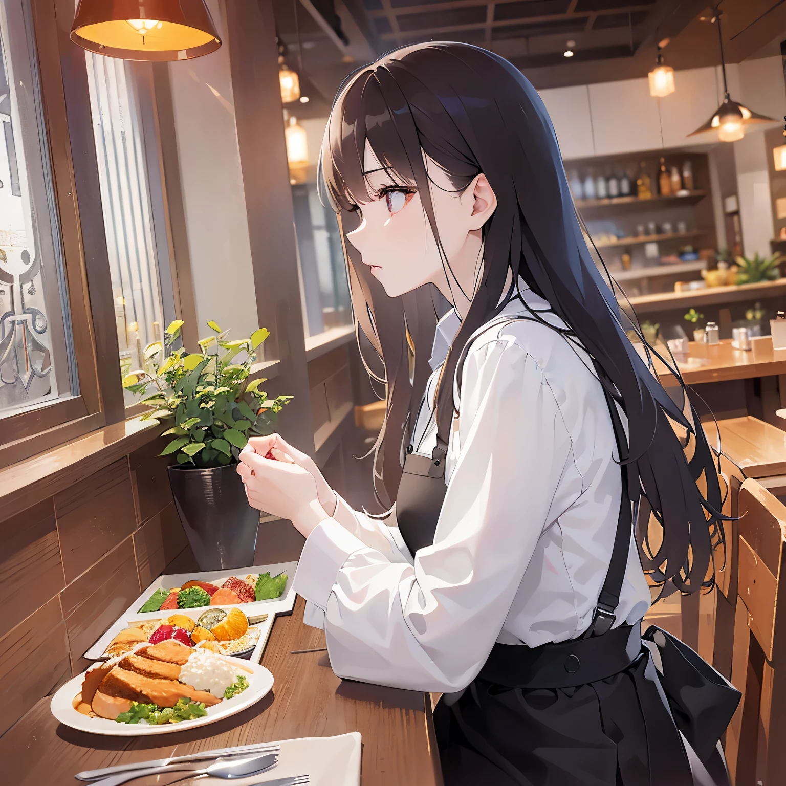 One Woman,Long black hair,Back view,A table with food,restaurant,Back view,It's shown quite close up.,Faintly visible on the right edge,