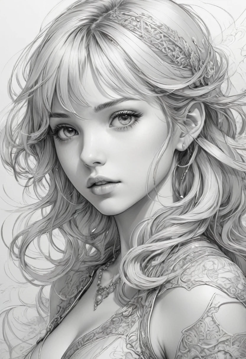 Anime Line Art, View from the front,By Lois Van Baarle, Highest quality, masterpiece, clear,so beautiful, Beauty,Perfect composition, Intricate details, Very detailed