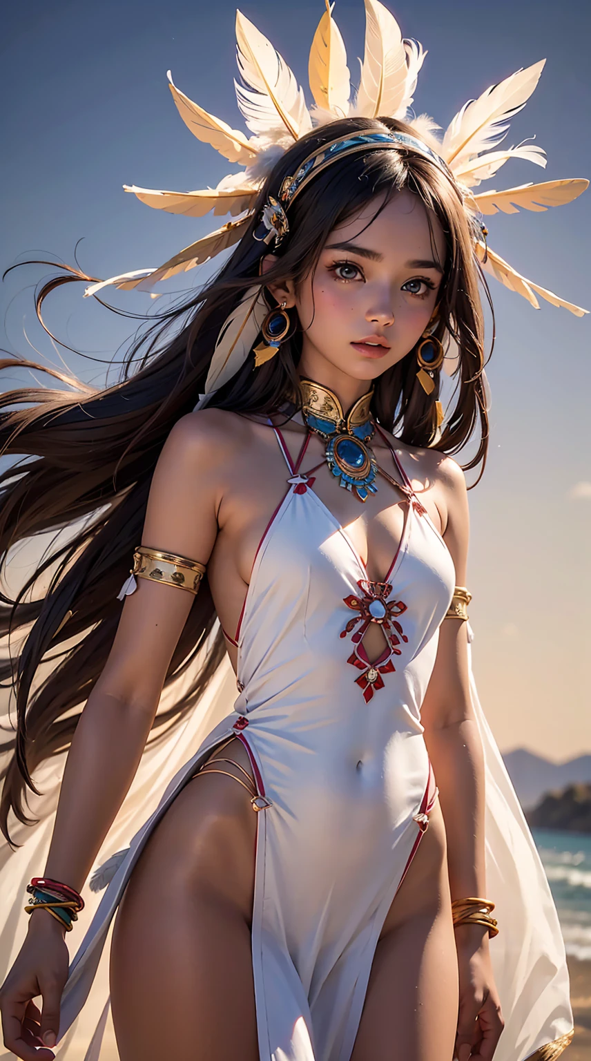 Beautiful Native American princess, Miss,Very small revealing dress made of feathers, magic, Tempting, hot and humid, full length, Miss-body, Hazel eyes, bright, , Overall details. Beautiful blurred background, Perfect face and eyes, Ultra-fine and ultra-maximized dynamics