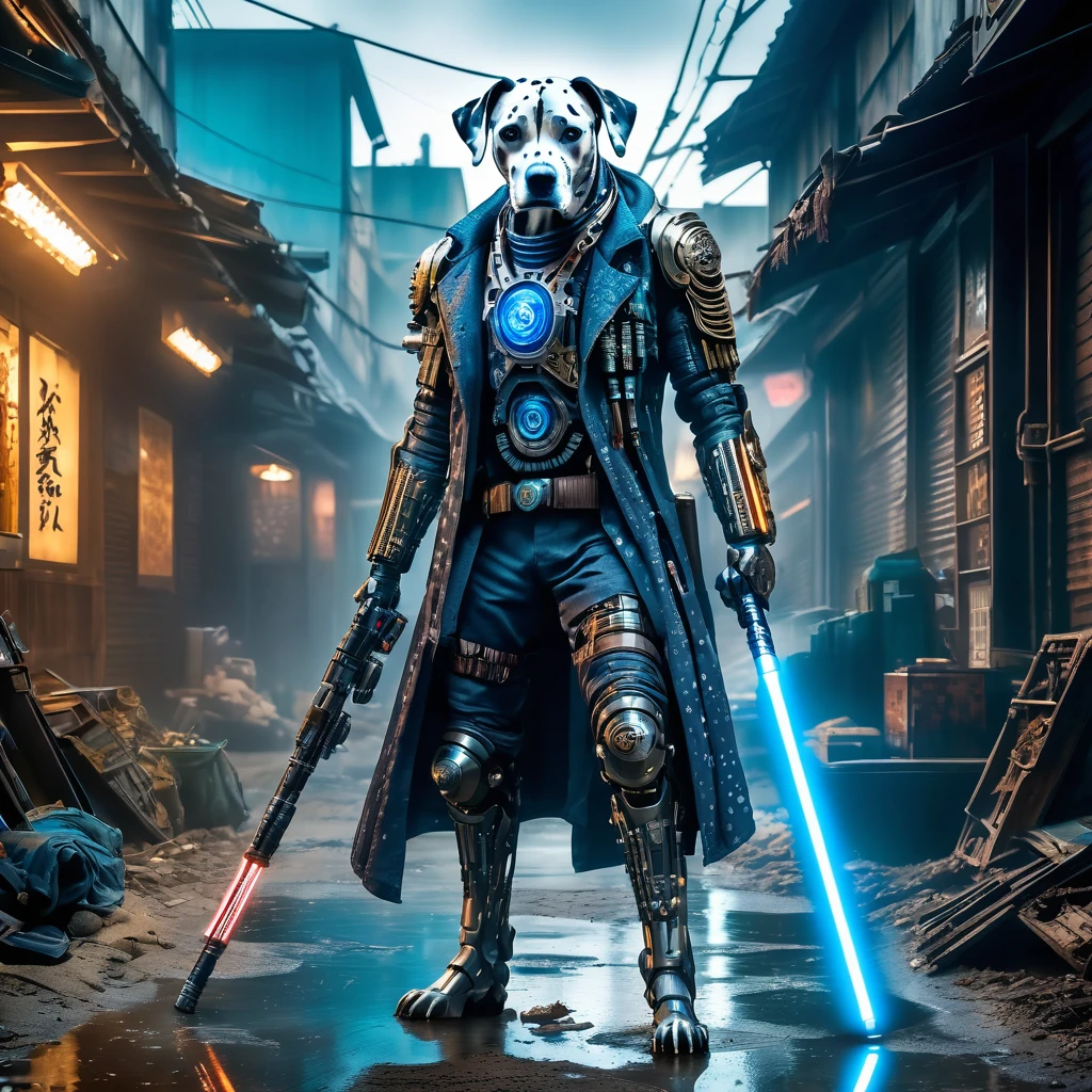 a full-body HDR photograph of (((darkest mature cyberpunk cyborg samourai dog dalmatian holding lightsaber intricate details)))((standing)) facefocus((post apocalyptic fiction background:1.2)), detailed neon blue eyes, Bokeh suave, (Atmospheric Light), (sharpen light and shadow),
