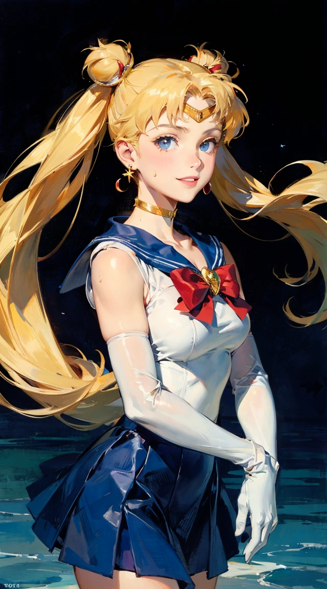 aausagi, double bun, twintails, parted bangs, circlet, jewelry, earrings, choker, red bow, white gloves, elbow gloves, blue skirt,  standing,  outdoors,  bright light on the face,
( moon background:1.1),cowboy shot,
best quality, highly detailed,photorealistic, realistic, masterpiece, absurdres, detailed skin texture, (detailed eyes, deep eyes,detail hair:1.0),remarkable detailed pupils,
1girl,solo,(smile:1.2),(happy:1.1), narrow waist,large breasts, Sailor Moon Style, Portrait of a female anime hero, portrait knights of zodiac girl, today's featured anime still, Official art, knights of zodiac girl, by Sailor Moon, portrait anime space cadet girl, anime still, official anime still, sailor moon aesthetic, Sailor Uniform, official anime artwork　((masterpiece)), (best quality), official art, extremely detailed CG, 
1girl, sailor moon, blue eyes, blonde hair, long hair, hair bun, jewelry, sailor senshi uniform, blue sailor collar, red choker, twintails, red bow, blue skirt, holding binoculars, outdoors, forest,  Realistic portrait of the protagonist of the anime Sailor Moon　(Super detailed,ultra high resolution,detailed background),((2D)),((flat color)),((colorful)),((floating colorful water)),1 girl,alone,looking at the viewer,break　girl, sweat, steam, medium breast, shy, detailed hand, shy, light smile, looking at viewer,masterpiece,best quality, (photorealistic:1.5), (realskin:1.5), 1girl, BRAV5_Realisianv50_PFv30,