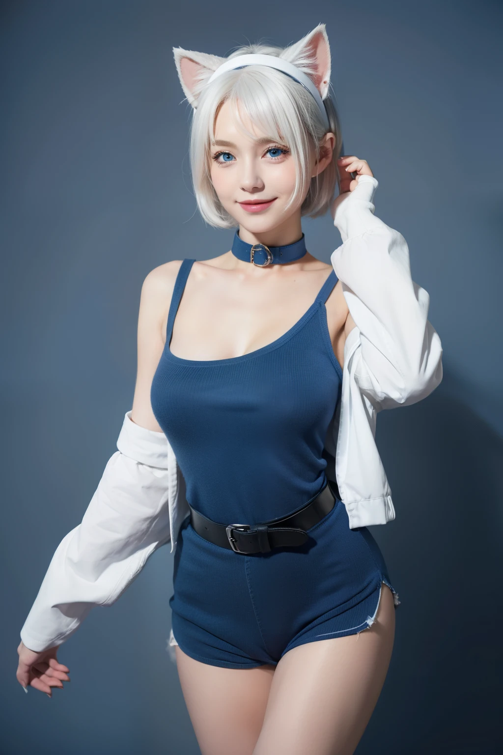 Cute girl, short white hair, cat ears, blue eyes, smile, blue collar, bell, tight blue clothes, white wool collar, blue gloves, long sleeves with white wool ends, big breasts, black belt,