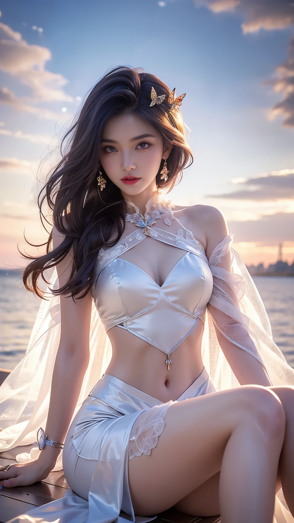 original photo:1.2),(realistic:1.7),beautiful detailed girl,very detailed eyes and face,beautiful detail eyes,ridiculous,incredibly ridiculous,super detailed,high resolution,very detailed,best quality,masterpiece,illustration,very detailed,CG,unified,16k wallpaper,amazing,fine detail,masterpiece,best quality, perfectlighting,1 girl, (((boa hancock))), long hair, epaulettes, white cape, red crop top, side slit, from below shot pov, (sea), oiled up skin, shiny oily skin, full body