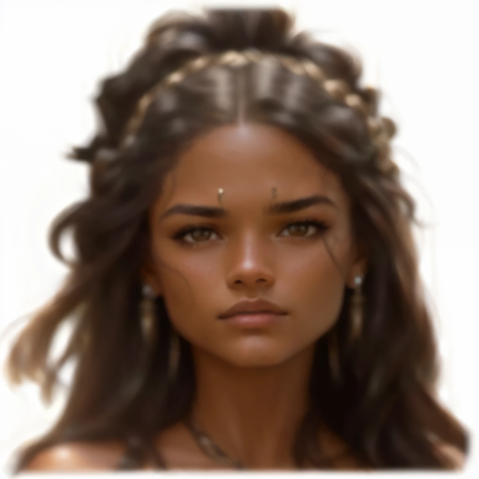 a close up of a woman with long hair and earrings, Zoe Kravitz, fear, Alicia Vikander, shanina shaik as medusa, hair, 0 0 0 bc, Isabela Moner, retro style, actress, beautiful lady, Luis Royo, ( Brown leather ), high fantasy. royo, apocalipto, mixed range, shot in the face, Carolina Cummings