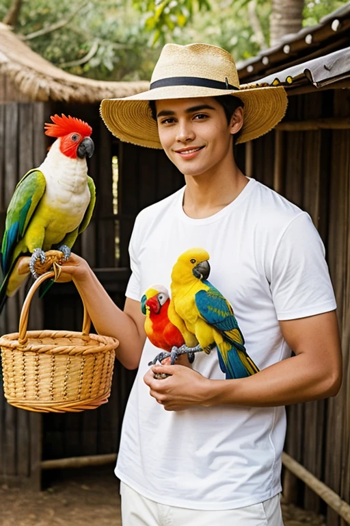Cute young handsome man without a shirt with a piri hat and a parrot and cockatoo humble house and a grandmother with a basket