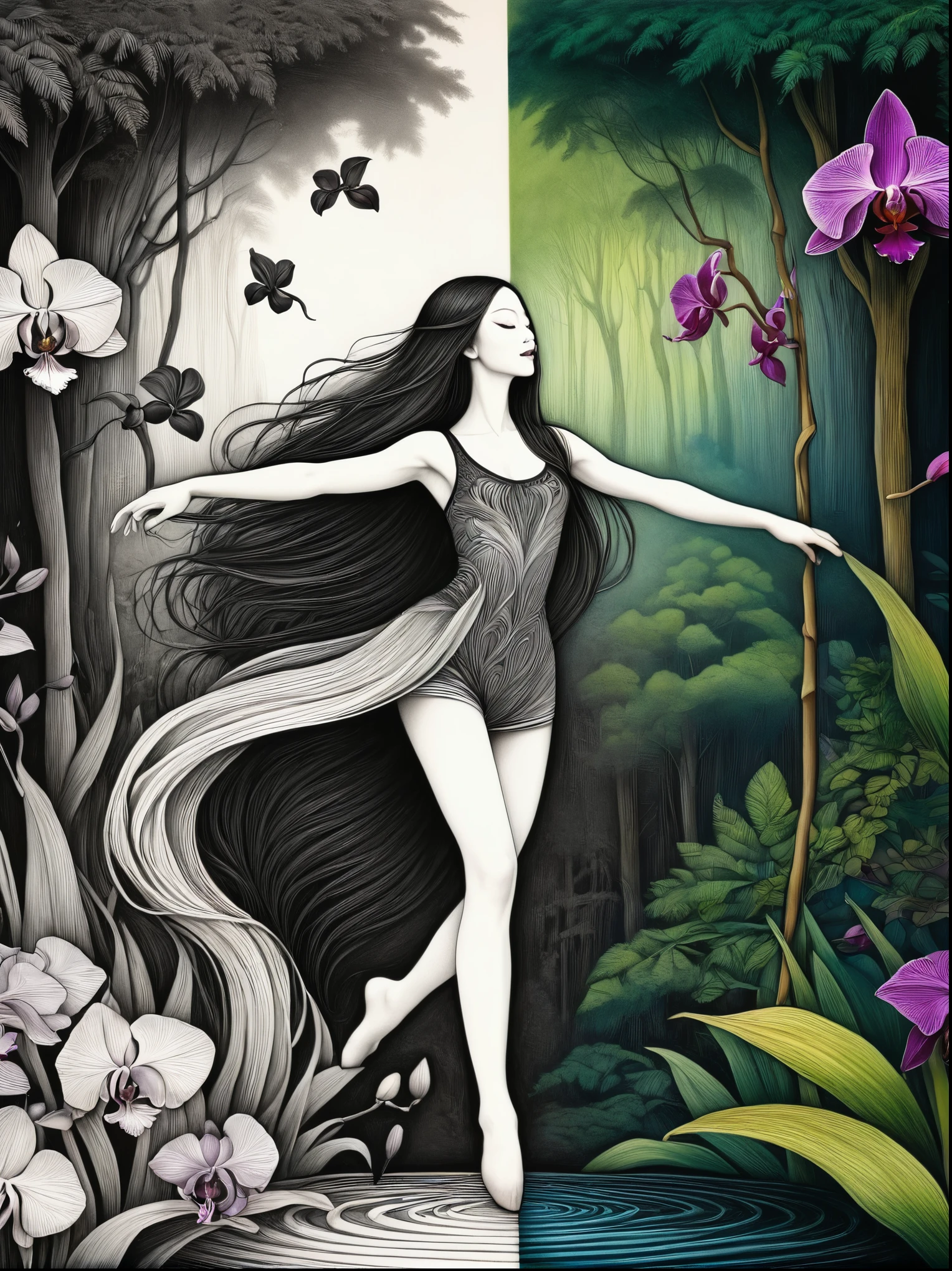 ((Inspired by John Kenn Mortensen)), (1 Dancer:1.3), Floating clothes, Flowing hair,Dynamic poses,

forest，orchid，Artwork should be in pencil sketch style，Transition from black and white on the left half to bright colors on the right half，Ensure seamless integration between the two halves，No dividing line，The scene is the same on both sides，Black and white pencil detail on left side，Right fill color，The mixture formed in the whole image，Perfect details, Strong contrast between light and dark