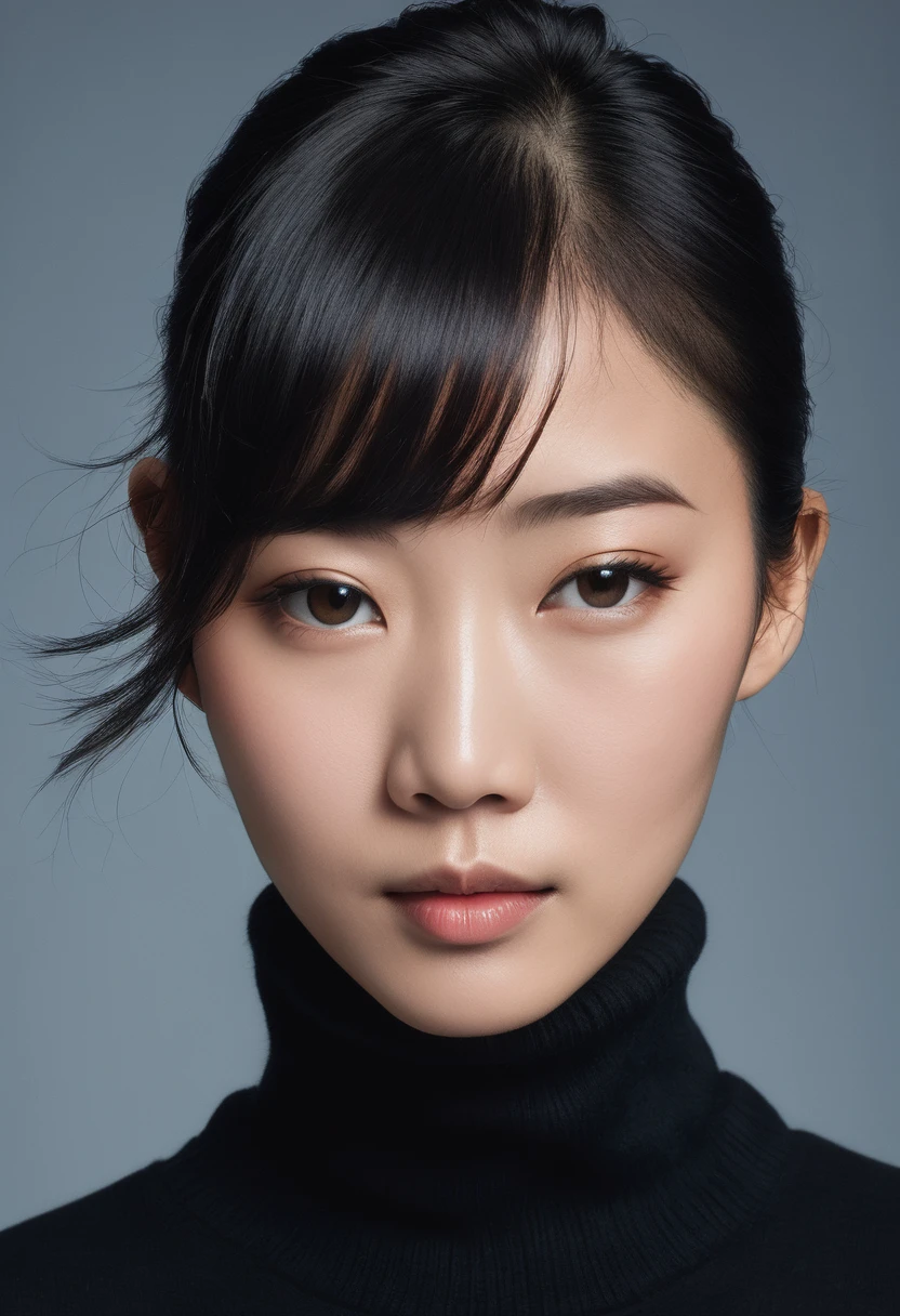 Asian,Close-up portrait,Direct vision,Black Hair,Black Turtleneck Sweater,Shadow on the face,neutral expressions,Studio Lighting,Blue Background,High-resolution images,Simplicity,young people,Clean shaved,head shot,Symmetrical composition,Serious mood,Professional photography,dark palette,