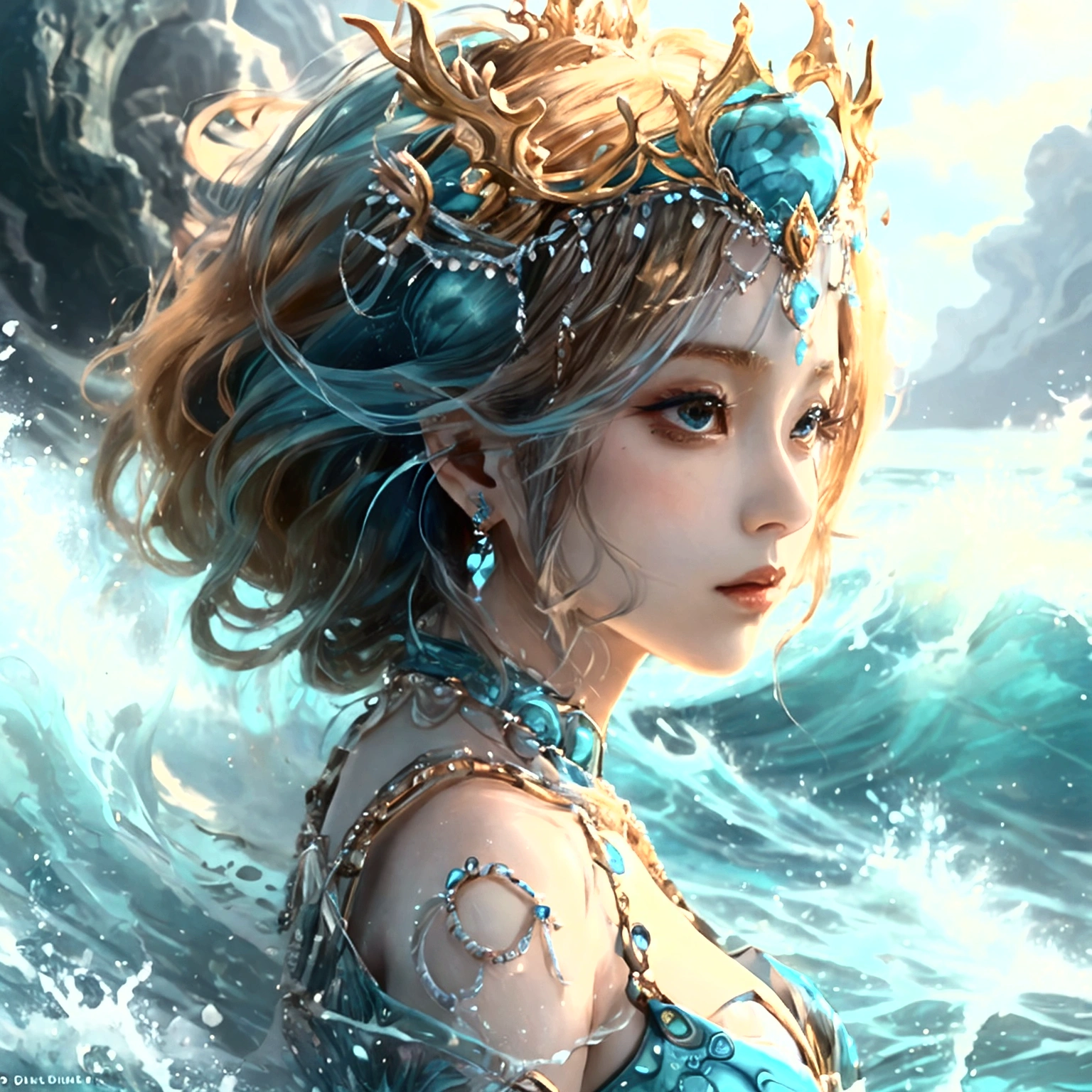 Design an anime-style character named Nami, styled as 'Ocean Empress.' Nami should have a regal and commanding expression, with large, expressive eyes and a majestic pose that reflects her status. Outfit Nami in a gown or armor inspired by the ocean, with deep blues, turquoise, and shimmering silver accents. Include sea-themed elements like waves, shells, and pearls. Add accessories such as a trident or a seashell crown to emphasize her empress status. The background should depict a vibrant ocean scene with elements like crashing waves, coral reefs, and marine life. Use soft, ambient lighting to enhance the serene yet powerful atmosphere. Ensure the artwork embodies the grandeur and beauty of the ocean, making Nami a regal and captivating presence