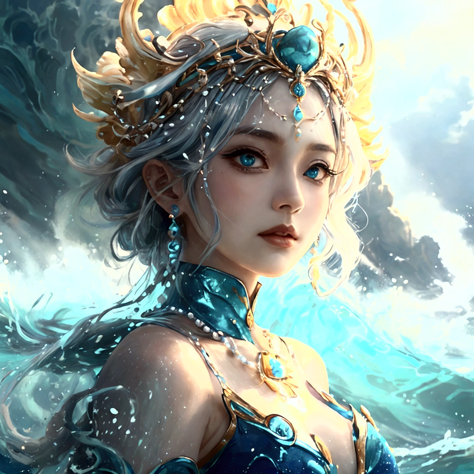 Design an anime-style character named Nami, styled as 'Ocean Empress.' Nami should have a regal and commanding expression, with large, expressive eyes and a majestic pose that reflects her status. Outfit Nami in a gown or armor inspired by the ocean, with deep blues, turquoise, and shimmering silver accents. Include sea-themed elements like waves, shells, and pearls. Add accessories such as a trident or a seashell crown to emphasize her empress status. The background should depict a vibrant ocean scene with elements like crashing waves, coral reefs, and marine life. Use soft, ambient lighting to enhance the serene yet powerful atmosphere. Ensure the artwork embodies the grandeur and beauty of the ocean, making Nami a regal and captivating presence