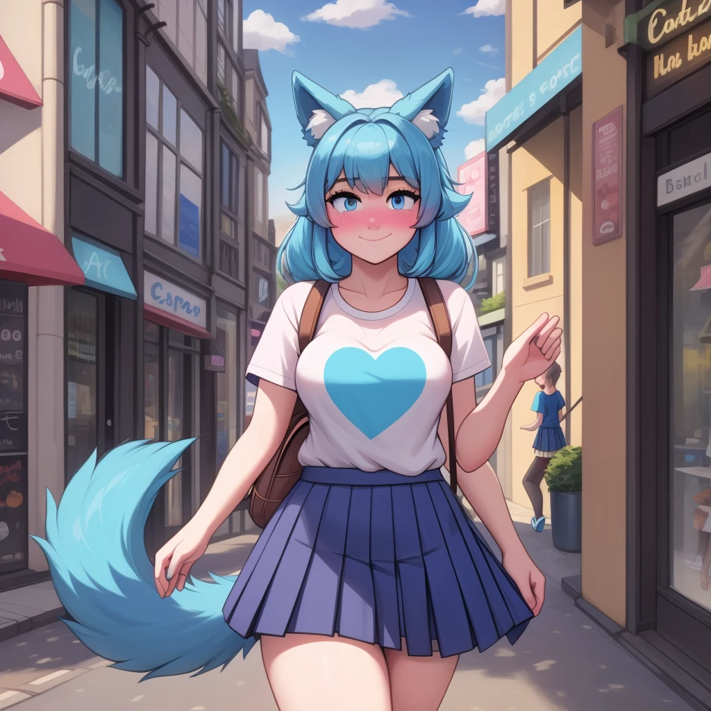 (Masterpiece) (High Detail) (High Res) A close up of short little slim humanoid girl with pale human skin and blue eyes and long blue hair and blue dog ears and a fluffy blue dog tail and average breasts. She is walking through a busy city street, lots of tourists, cute cafe and outdoor seating. She is wearing a I <3 London t-shirt and a pleated skirt. She has a rucksack on. She is blushing slightly and is smiling.