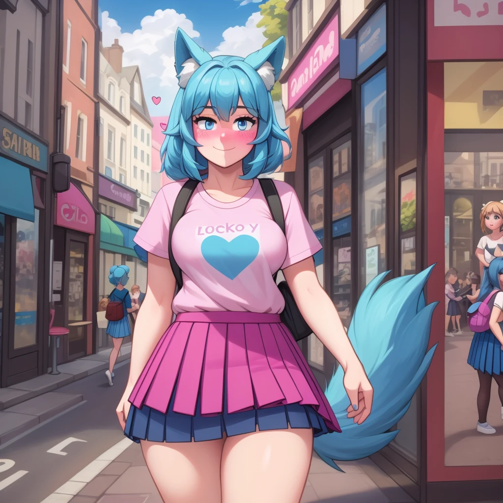 (Masterpiece) (High Detail) (High Res) A close up of short little slim humanoid girl with pale human skin and blue eyes and long blue hair and blue dog ears and a fluffy blue dog tail and average breasts. She is walking through a busy city street, lots of tourists, cute cafe and outdoor seating. She is wearing a I <3 London t-shirt and a pleated skirt. She has a rucksack on. She is blushing slightly and is smiling.