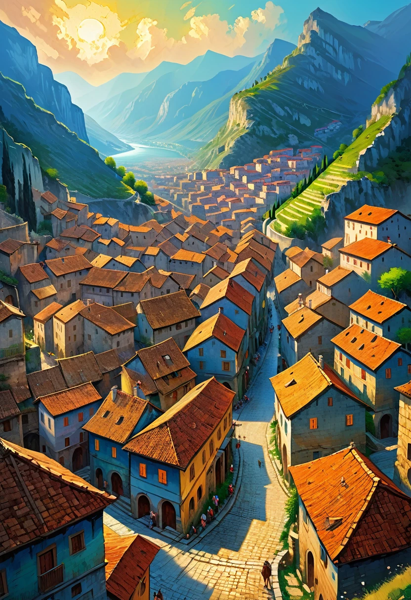 Landscape, top view vista, surrounded by mountains, a huge wall on the mouth of the valley, very large European style ancient city, densely packed with houses, people coming and going in the streets, best quality, a very pitiful and beautiful picture, a masterpiece, cinematically lit, masterly, impasto