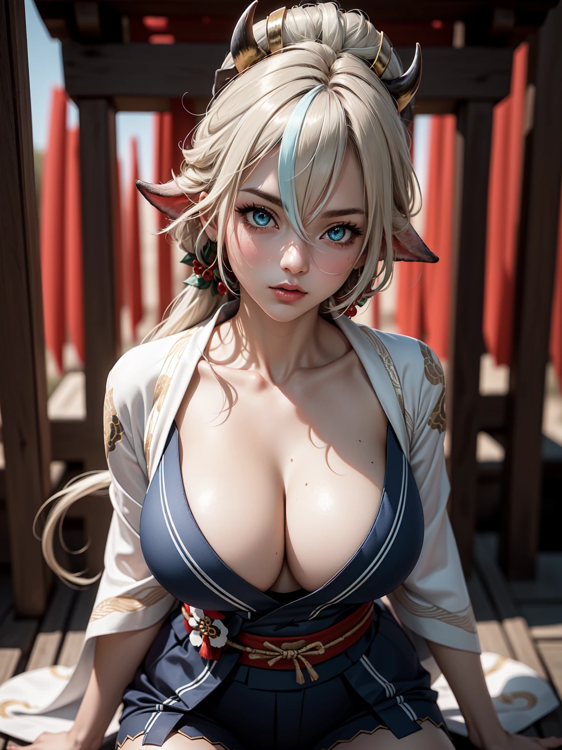 ((4k)),((masterpiece)),(best quality),((ultra detailed)), ((beautiful blurry background)), ((cinematic lighting)), depth of field, (dynamic angle),((demon goddess oni horns beautiful detailed eyes), ((dynamic sexy pose)), pretty face, massive accentuated super huge enormously gigantic breasts , ((very long platinum white hair, deep cleavage)), ((the most beautiful highly detailed open layed kimono with sash and ribbons)), sexy, navel, shorts, Shinto shrine, sucrosernd