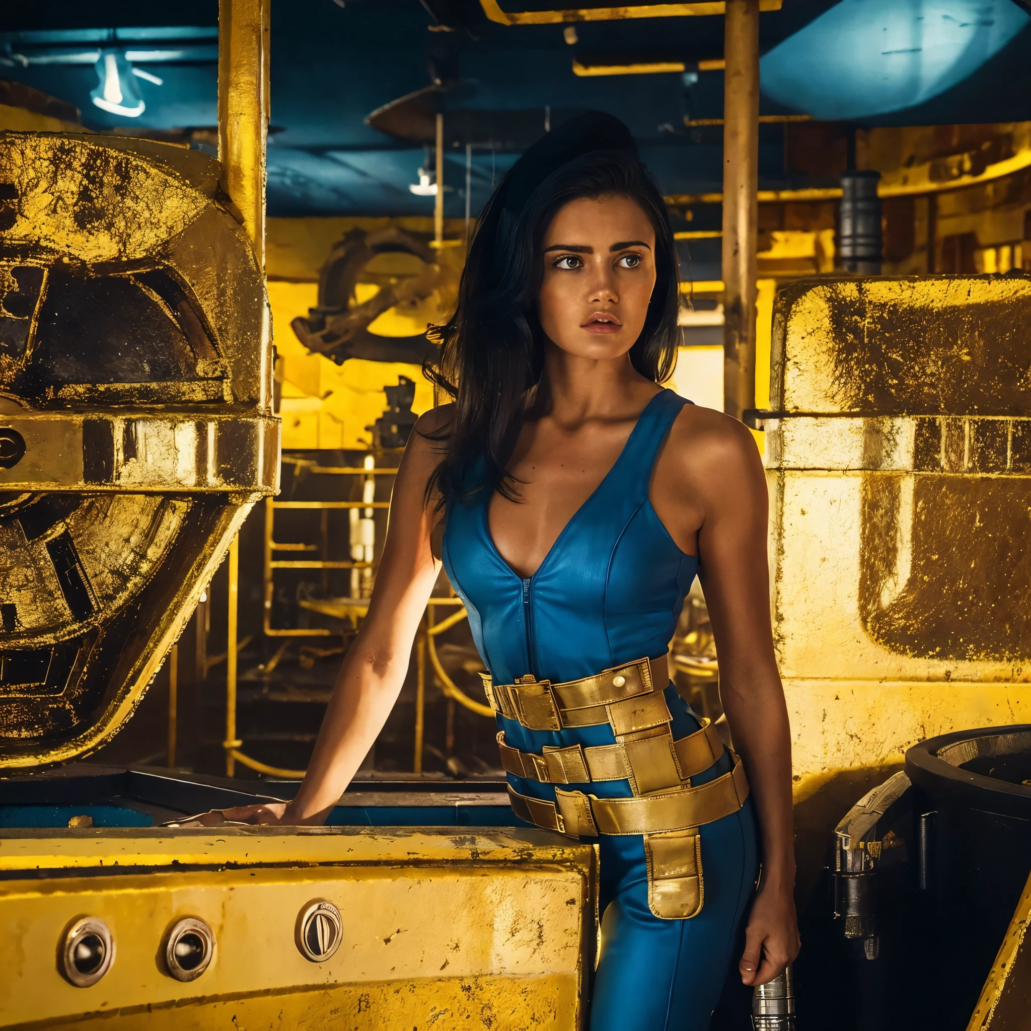 (One person). Fallout TV series. Inside a dimly lit large room in a post-apocalyptic (casino) in Las Vegas. Vaultsuit Lucy, an 18-year-old vault dweller wearing a blue and gold vaultsuit, her black hair disheveled, clutching a large gun in a dimly lit, post-apocalyptic casino. Cinematic. realistic colors, realistic, photorealistic