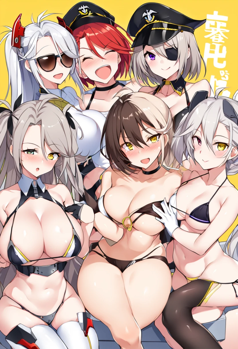 Baltimore(Azur Lane)、Enterprise(Azur Lane)、Prinz Eugen(Azur Lane)、Long Hair、chest、Staring at the audience、blush、smile、short hair、Open your mouth、bangultiple Girls、大きなchest、Brown Hair、Knee socks、gloves、hat、belly button、chestの谷間、Hair between the eyes、Shoulder Bare、Purple Eyes、clavicle、Jacket、Swimwear、Yellow Eyes、ponytail、Braid、Ahoge、Gray Hair、Tie Side Bikini、、Eyepatch bikini top、T-Back Bikini Pants、Thong underwear、Thighs、Red hair、Multi-coloured hair、One eye closed、choker、黒いgloves、Three Girls、Pink Eyes、Two-tone hair、Official Alternate Costume、Striped Hair、ワンピースSwimwear、Clothing cutouts、in、Skin Dentition、Underbust、High leg、sunglasses、Breast Press、Peaked Cap、zipper、クロップドJacket、belly buttonカットアウト、High legビキニ、half gloves、Race Queen、Underbustカットアウト、