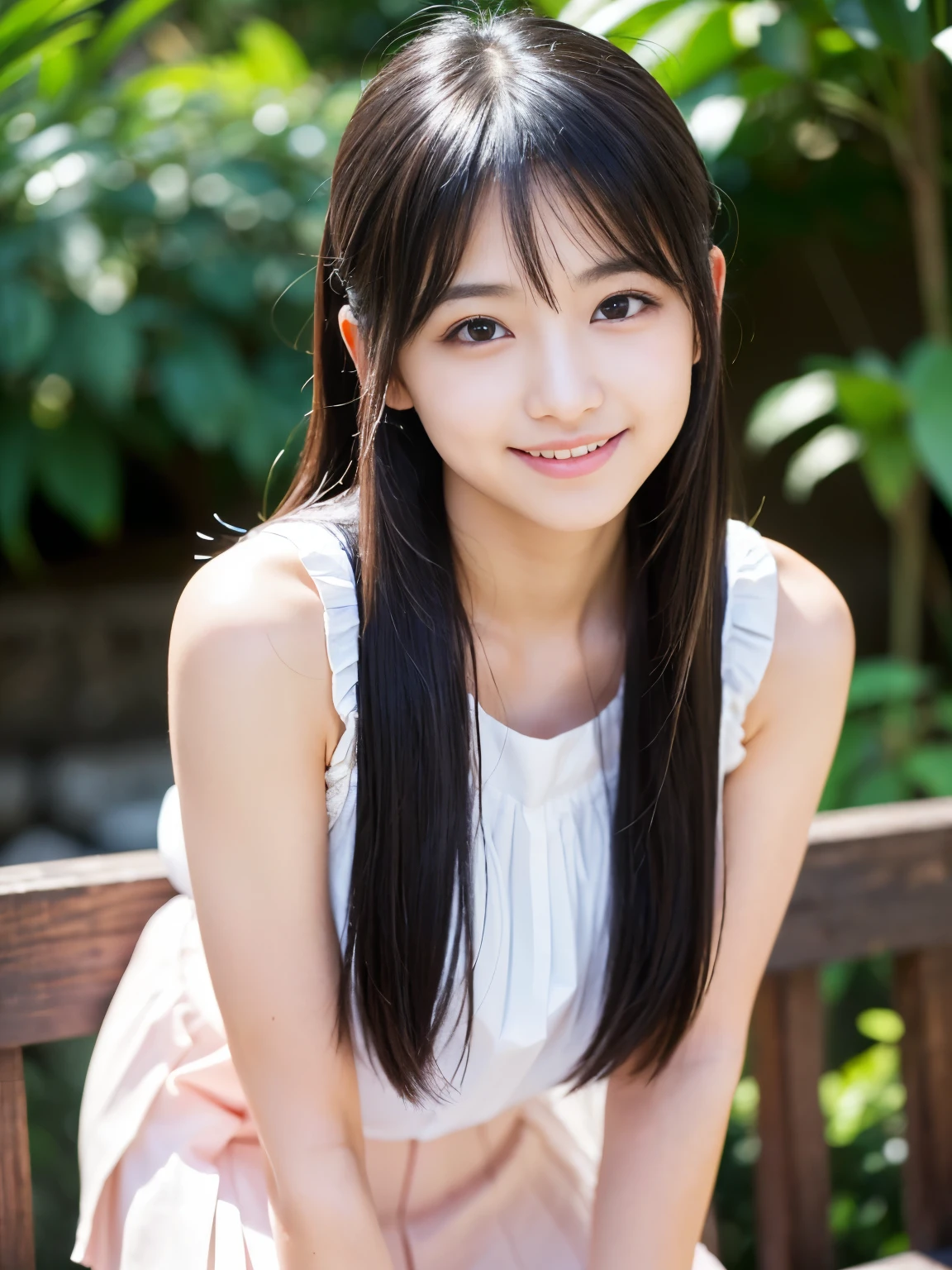 (Best-quality, Masterpiece, Ultra-High-Resolution, (Photorealistic:1.4), Raw Photo, depth of field, professional lighting, perfect anatomy, extremely details), (1girl, 15-years-old, the most famous Japanese-idol), ((looking at viewer, innocent smile)), (((extremely beautiful and extremely realistic skins))), (((extremely realistic big-black-eyes))), (((extremely cute face like the most popular Japanese idol))), (long-eyelashes), (black long-straight-hair), (wearing white sleeveless-shirt with cute-design and light-pink pleated-miniskirt with cute-design)
