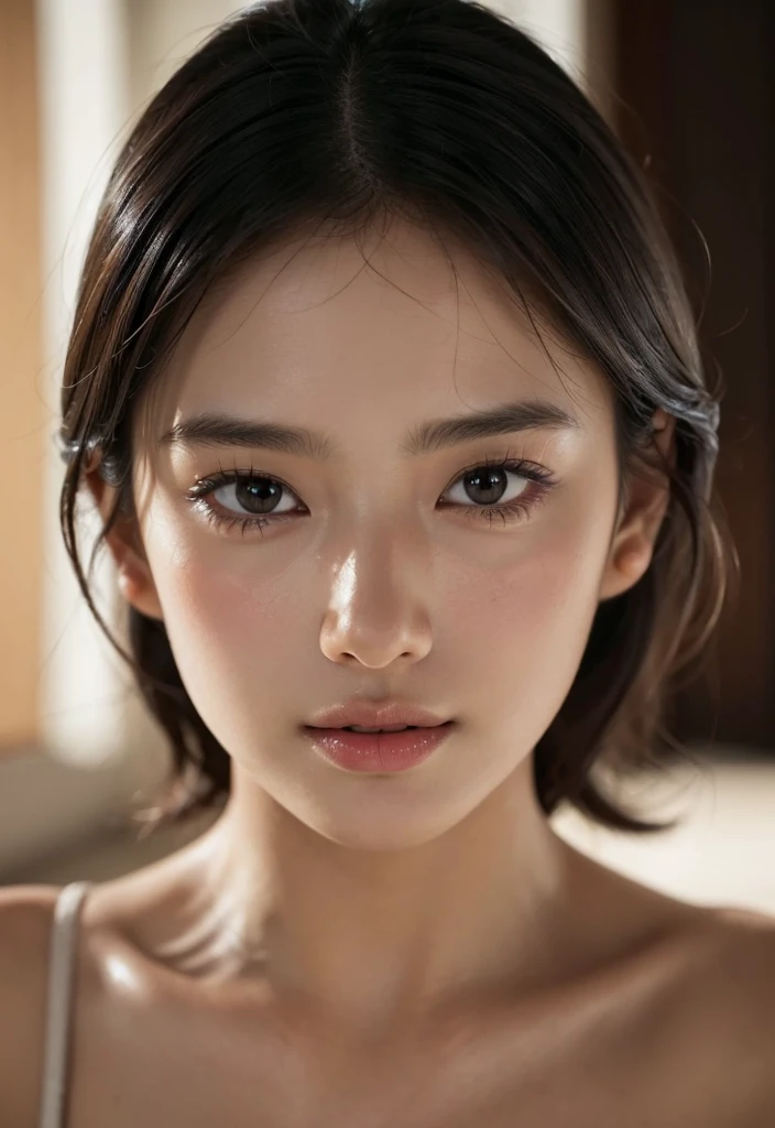 ((Eye-Level Angle, (Close up) Face shot))
Best Quality, 4K, 8K, High-Resolution, Masterpiece:1.2, Very detailed, Realistic:1.37, Portrait, Perfect Lighting, Detailed Lighting, Dramatic shadows, Ray tracing, Bokeh Blure Background

a Girl, (Thai 22 yo:1.5), ((cute face:1.7), (perfect girl face:1.2)), (beautiful detailed eyes, perceptive eyes, brown eyes :1.2, Looking straight at the Viewer), (Beautifully detailed lips, Mouth Closed, Gentle smile), (detailed skin:0.9), (perfect texture long black hair :1.4), Thin, Pure and Simple, Calm expression, (Natural makeup:1.2),

Create a hyper-realistic close-up portrait capturing the exquisite details of a beautiful woman's face.
Pay meticulous attention to realism, Highlight the soft, natural variations in skin tones, (subtly depict face texture, pores and the fine facial hairs to add to the authenticity.)
conveying depth and complexity through intricate reflections and well-defined irises. Emphasize the eyelashes,  them finely textured and naturally arranged. Capture the subtle nuances of expression around the eyes, such as laugh lines or delicate crow's feet.
Rendering the lips with precision to showcase the natural texture and color variations. 
If she's wearing makeup, depict it with a level of detail that blurs the line between reality and artistry.  Ensure that the pores on her skin are visible, portraying a level of detail that invites viewers to appreciate the intricacies of the human complexion. 
Consider the play of light and shadow on her face, creating a three-dimensional effect that enhances the overall realism. Experiment with warm and cool tones to bring out the natural warmth of her skin while maintaining a lifelike appearance. 
This prompt aims to inspire a highly detailed and realistic close-up portrait, emphasizing the beauty of imperfections, blurring the line between artistry and reality.