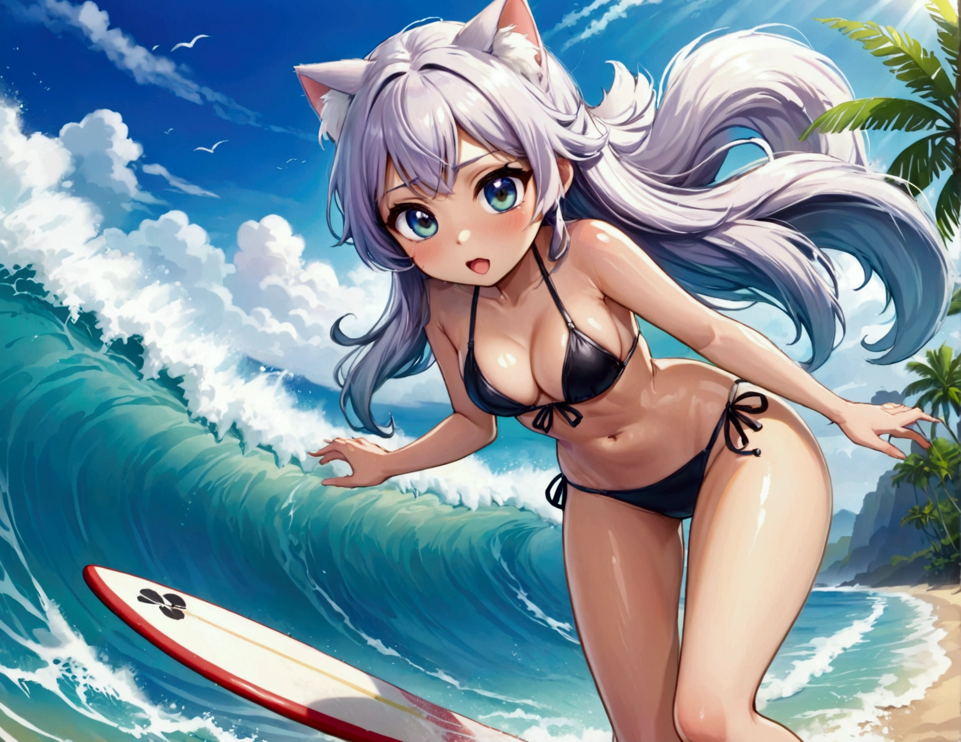 (Xiaorou SeeU, age 20, is an adorable ???? cat woman, big eyes, cute swimsuit, fluffy tail), she is surfing on small waves, super cute, so excited, show her from head to toe, hawaii