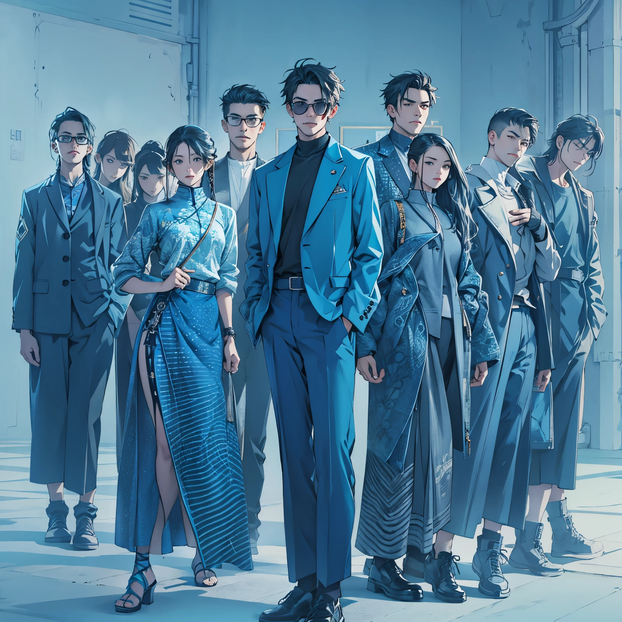 In the image of the MBTI administrator、Several men and women wearing blue clothing。Intimidating aura。Stylish and cool、Pose like a fashion model。The background should have a unique and creative feel.。