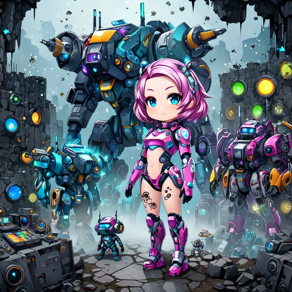 chibi, conceptual installation pop art, seamless image fusion, cute woman, amorous and lewd face, make-up, wearing cute fluffy battle suits, choker, covered in tattoos, great proportion, background stonepunk ruins, analyzers, labs, shading effects, gradation magic effects, foggy filter effects, glitter effects, 2.5D, delicate and dynamic, graphic CG digital art