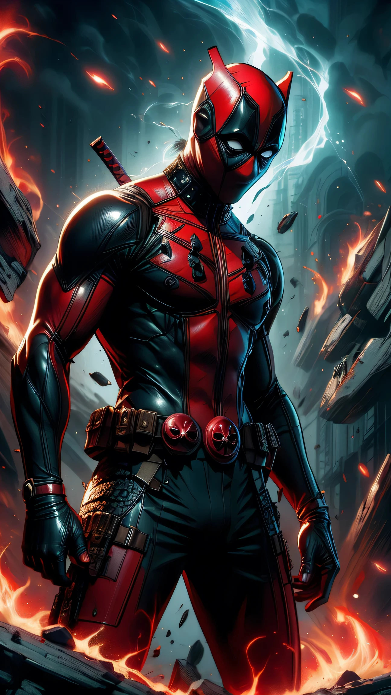 "Enjoy a visual feast as you witness the astonishing transformation of deadpool, a being of unparalleled strength and captivating aura. With brilliant short-cut black hair and red eyes penetrating, this energetic person will surprise you."