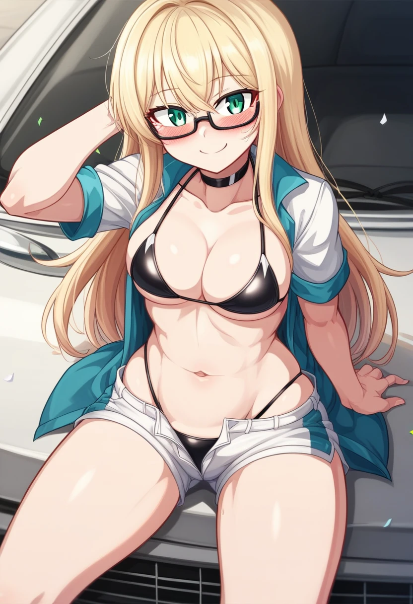 1 girl、solo、Long Hair、chest、Staring at the audience、blush、smile、Blonde Hair、大きなchest、belly button、chestの谷間、Sitting、Close your mouth、Green Eyes、Swimwear、Short sleeve、bikini、Thighs、Outdoor、Open clothes、null、Glasses、Shorts、choker、noon、cloud、stomach、青null、Shorts、Underbust、黒眼帯bikini、High leg、黒choker、黒Shorts、Hair Intake、地上car両、自動car、car、Open Fly、Confetti、High legbikini、Micro Shorts、Race Queen