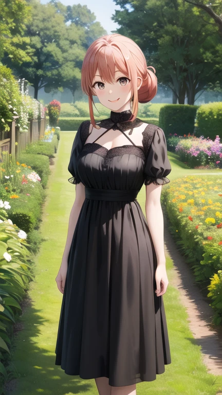 masterpiece, best quality, highres, gahamama, single hair bun, breasts, gothic, black dress, garden, standing, smile,