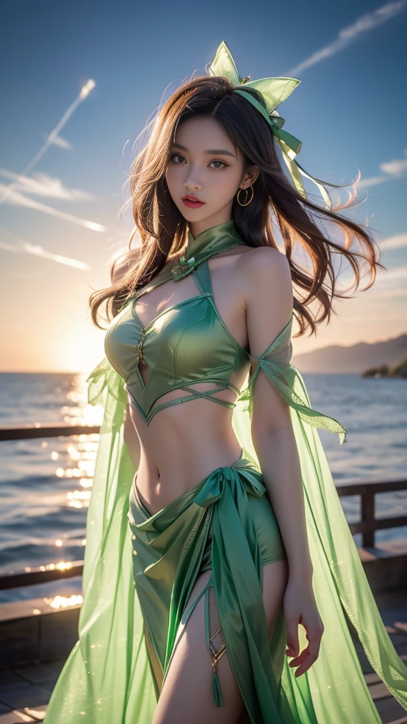 8K, ultra hd, masterpiece, hd colors, 1 girl, perfect face, very long curly hair, detailed eyes, detailed dress, ((green dress)), stocking, flower lace, ((mesh ribbon)), sardine, straps, net clothing, loops, ((flowing cape)), bare navel, jwellery, waterside, Realistic scenery, epic scenery, sun rising, night, clouds, Butterfly, blossom, blowing wind, perfect pose, ray tracing, bloom, upper body,