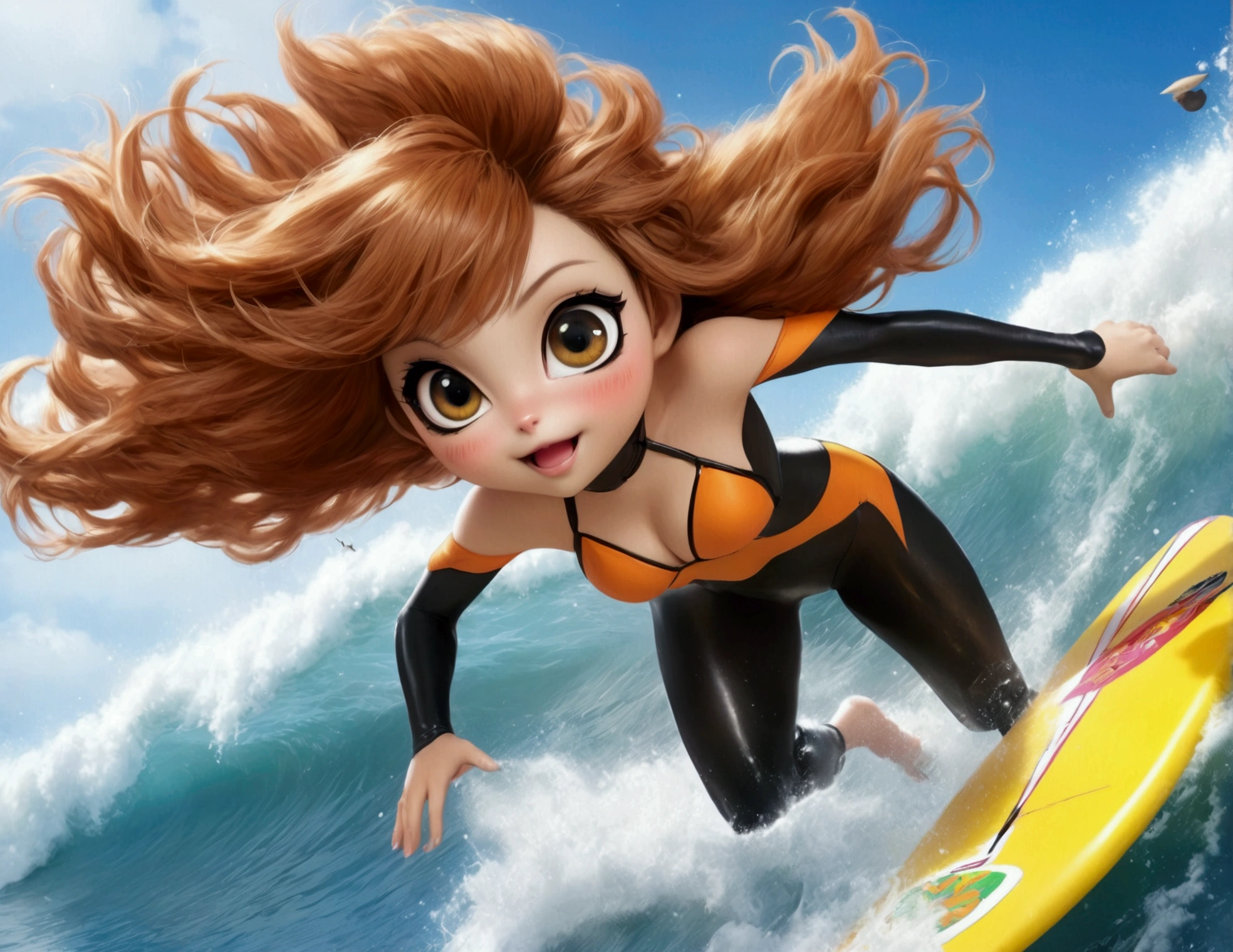 (Xiaorou SeeU, age 20, is an adorable sexy cat woman, big eyes, cute swimsuit, fluffy tail), she is surfing on small waves, super cute, so excited, show her from head to toe, hawaii