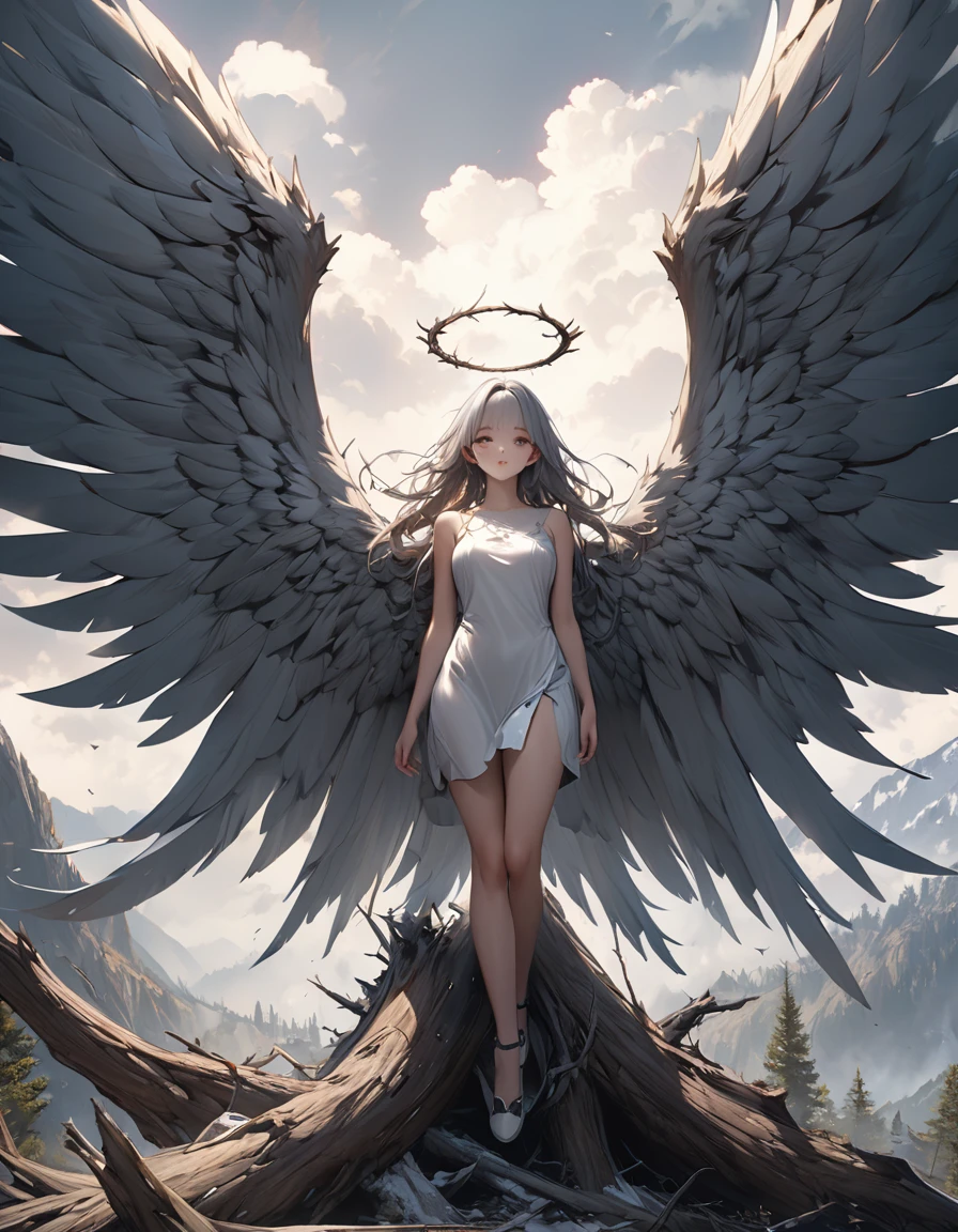 masterpiece, Highest quality, Ultra-realistic, Ultra-detailed, 8k resolution, Angel、Huge heavy wings、wilderness、dead tree、cloudy、